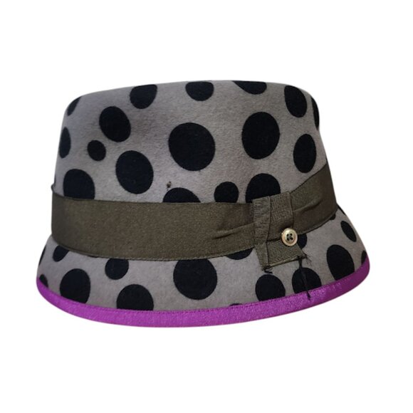 ELLEN PAULSSEN 100% wool Germany polkadot fedora hat grey purple - Picture 6 of 8